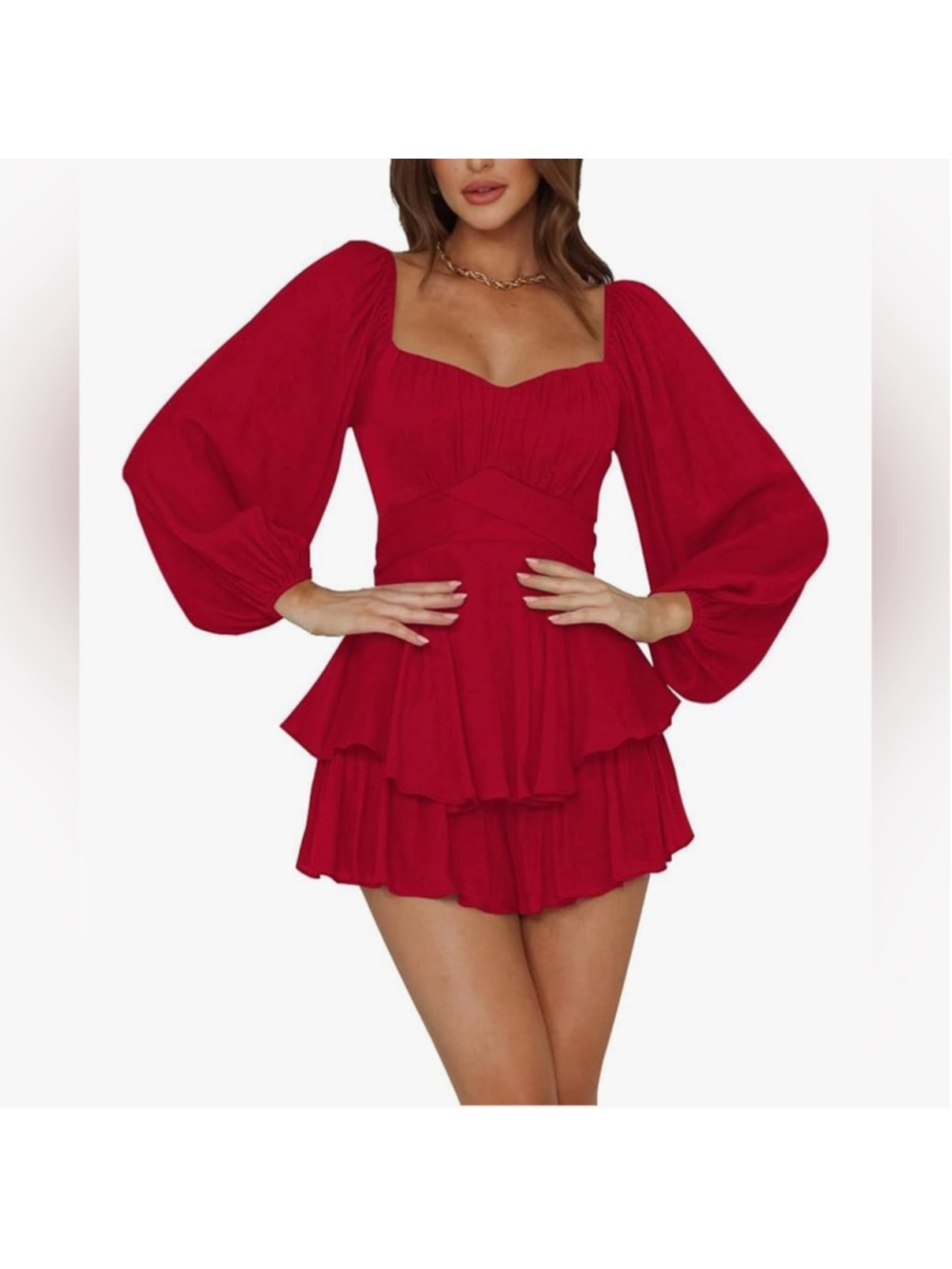 NEW Red LYANER Jumpsuit Lantern Long Sleeve Ruffle Layer Tie Mini Romper XL